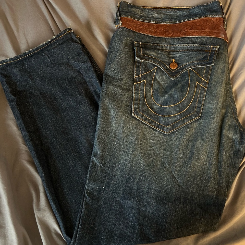 True Religion Men's Straight Jeans - Dark Blue with Brown Leather Accents - Picture 3 of 5